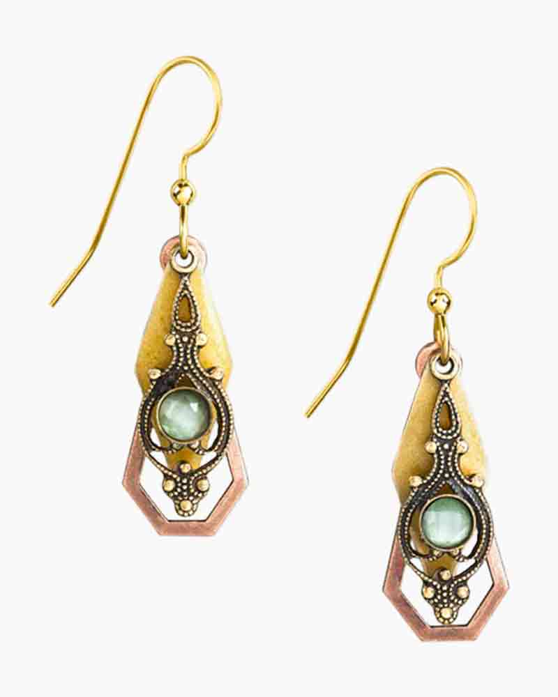 Silver Forest Green Cat's Eye Layered Filigree Earrings | The Paper Store