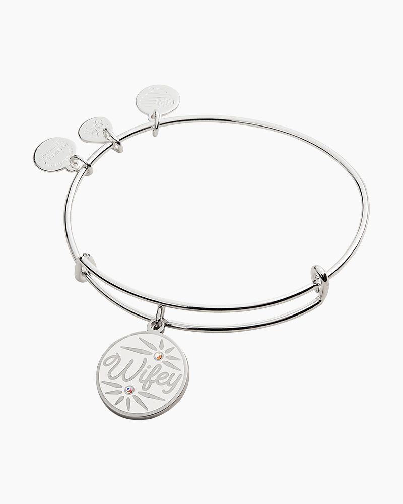 2 to 3.5 in Alex and Ani Bridal Expandable Bangle for Women Wifey Charm Shiny Silver Finish 