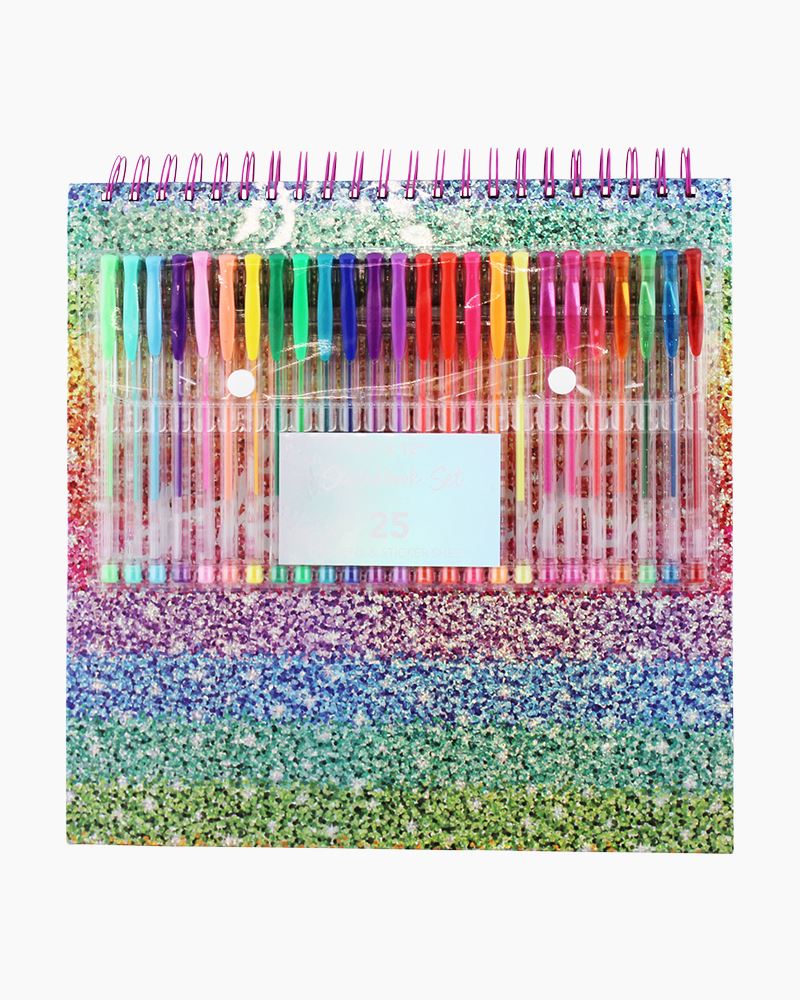 Set of 25 coloured glitter gel pens.