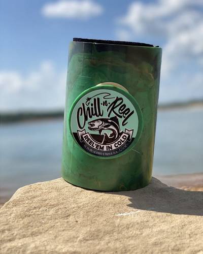 Chill-N-Reel Fishing Can Cooler with Hand Line Reel Attached | Hard Shell Drink Holder Fits Any Standard Insulator Sleeve or Coozie | Unique Fun Fish